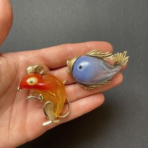 Vintage Mouse & Fish Colorful 3D Plastic Gold Tone Brooches *RARE*